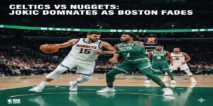 Nikola Jokic of the Denver Nuggets dribbling past a Boston Celtics defender during their 2026 NBA matchup at Ball Arena.