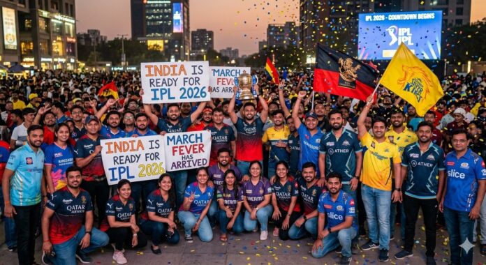 A massive crowd of Indian cricket fans celebrating in a city square with IPL team flags, jerseys, and banners that read 
