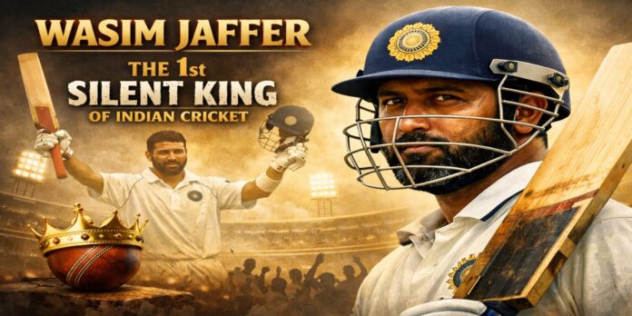 Wasim Jaffer portrait in Indian Test jersey with bat, titled “The 1st Silent King of Indian Cricket” with stadium background and crown symbol